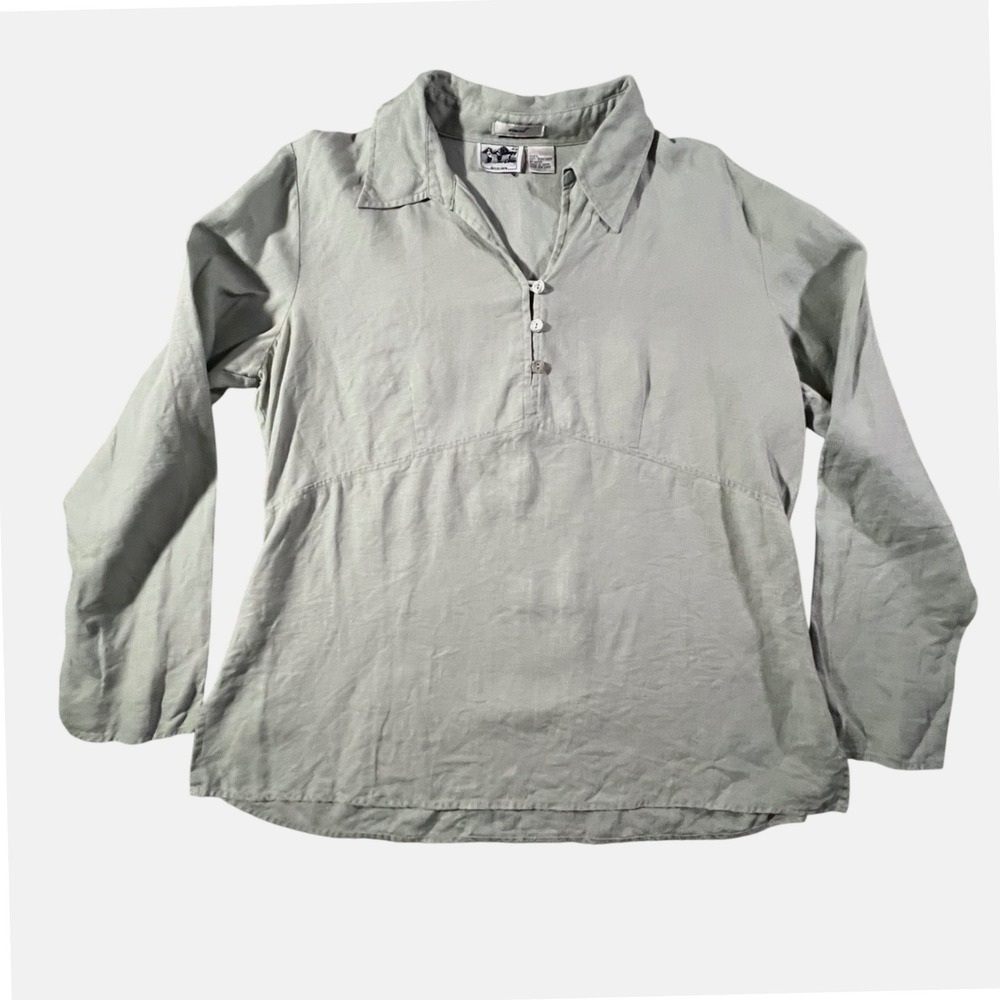 Edward‎ Irish Linen Blouse Womens L Sage Green Long Sleeve Henley Collared Shirt